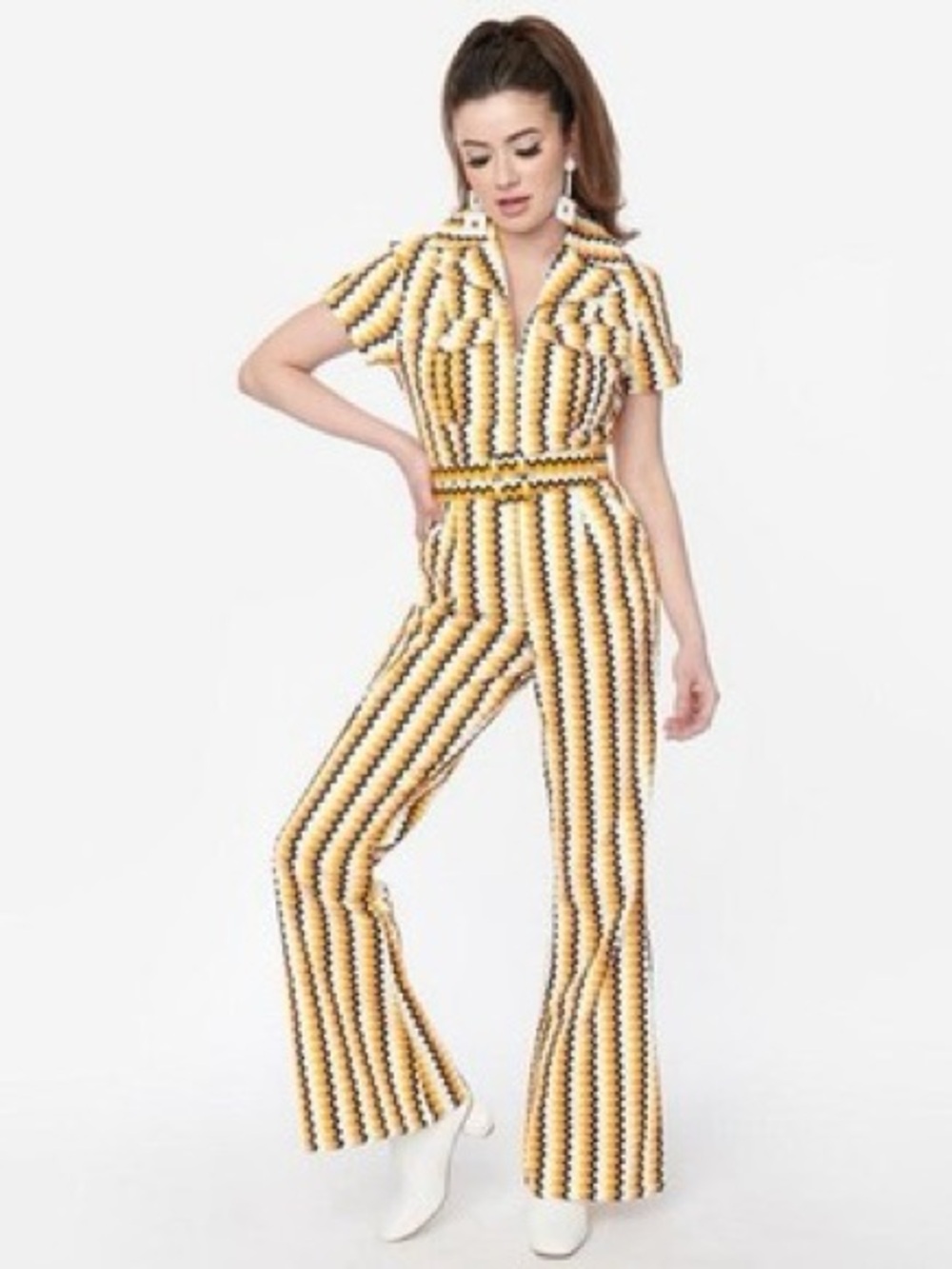SMAK PARLOUR CANDY CORN ZIGZAG FLARE JUMPSUIT (Unique Vintage)